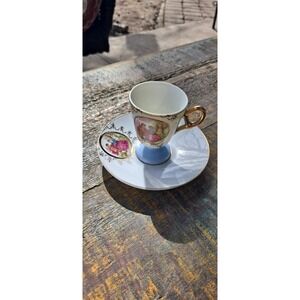 Vintage Antique Cameo French Couple Demitasse Porcelain Mini Cup & Saucer Plate